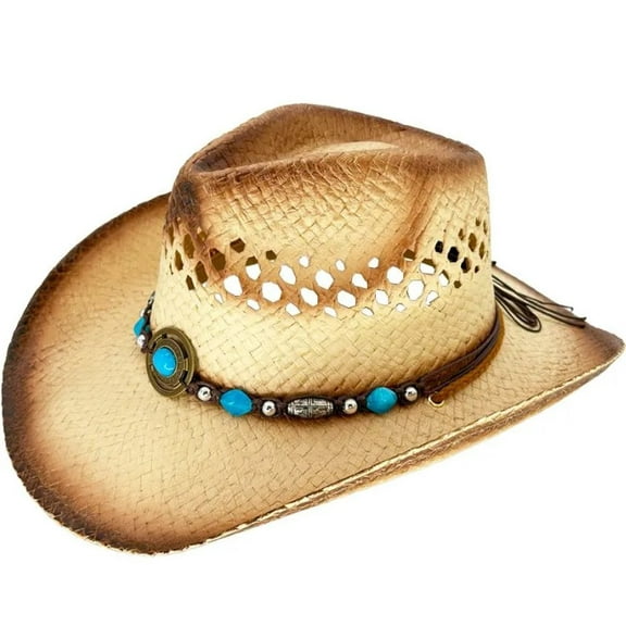 Tea Stain Straw COWBOY HAT w/ Turquoise Blue Beads WOMEN WESTERN Cowgirl