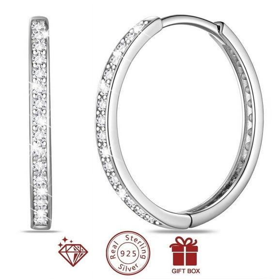 Beautlace 925 Sterling Silver Hoop Earrings for Women, 24mm Classic Earrings Hoops 14k White Gold over Sterling Silver with 5A Cubic Zirconia Christmas Birthday Jewelry Gift for Her