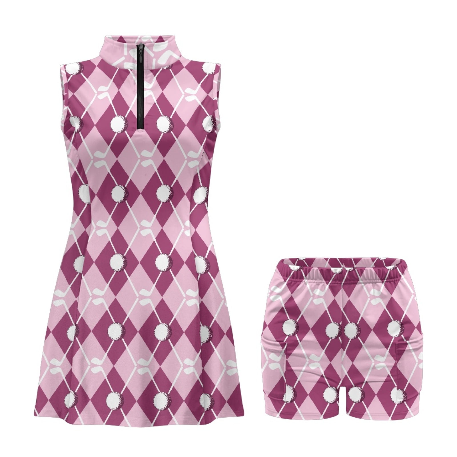 COEQINE Golf Dresses for Women V-Neck Soft Lightweight Athletic Dresses with Collared Design Golf Ball Club Diamond Lattice Pink Print Golf Outfits with Shorts 2 Pockets, XS