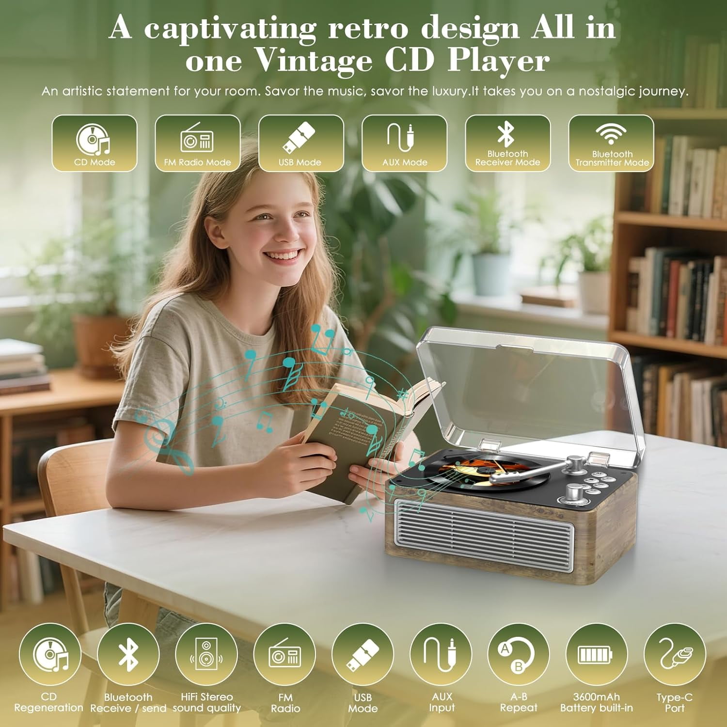 Qoosea CD Player Portable Bluetooth: CD Players for Home with Speakers Rechargeable & Radio & Remote Control Vintage CD-Player Support USB/AUX Playback Headphone Jack