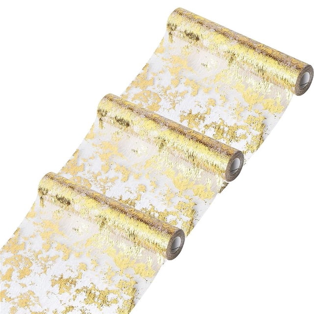 3X Toalla de Mesa Larga, Rollo de Cinta de Tul de Poliéster Brillante Con Lámina Dorada, 28cm x 10M