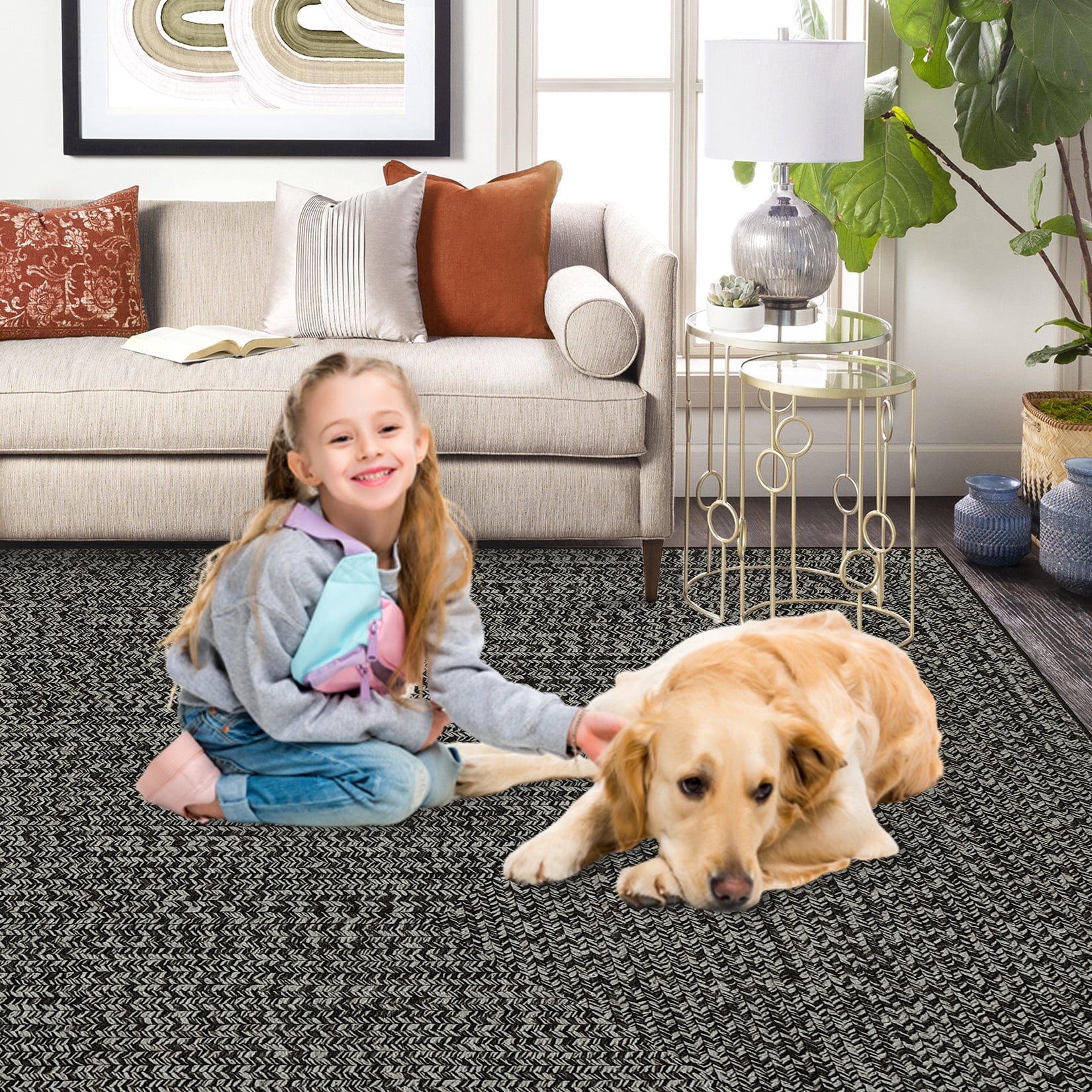 GlowSol 10' x 13' Area Rug Modern Braided Print Rugs for Living Room Bedroom Non-Slip Low Pile Accent Rug Washable Floor Cover, Gray Brown