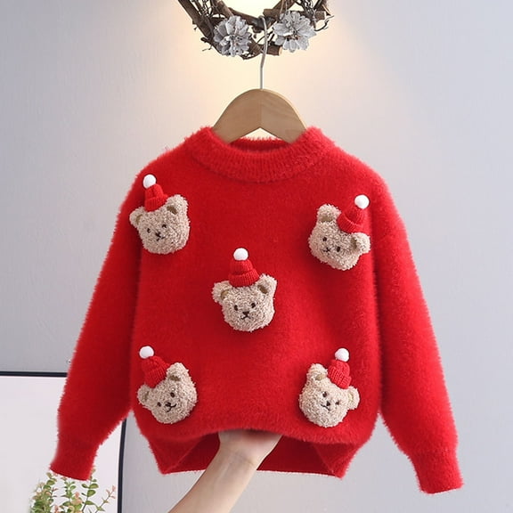 Spazoro Kids Girls Boys Sweaters, Thickening Crew Neck Casual Long Sleeve Warm Shirts for Child Girls Red Size 1-2T
