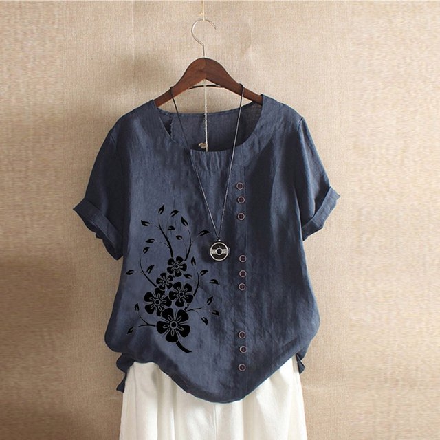 Fiudx Liquidación de Ahorros de Verano Camiseta de Verano con Cuello Redondo y Manga Corta para Mujer, Informal, con Botones Impresos