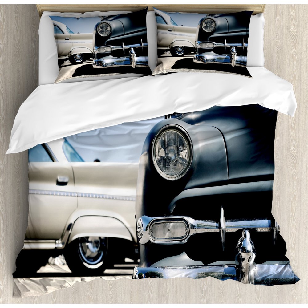 Vintage Car Duvet Cover Set Queen Size, American Classic Old Style