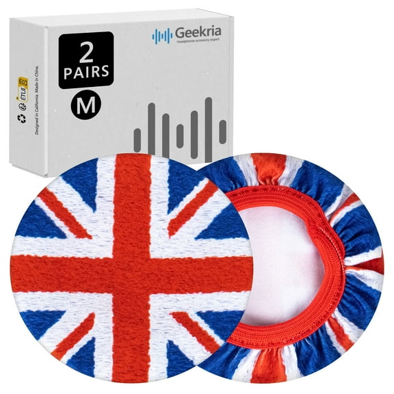 Geekria 2 Pairs Flex Fabric Headphone Covers - Product Safety Certified - Washable & Stretchable Sanitary Protectors for Over-Ear Headsets, Sweat Pads for Gym, Gaming (M / England Flag)