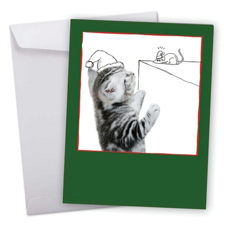 J6583BXSG Extra Large Merry Christmas Greeting Card: 'Cats & Doodles' Featuring an Adorable Kitty Image With Hand Drawn Christmas Line Art Greeting Card with Envelope by The Best Card