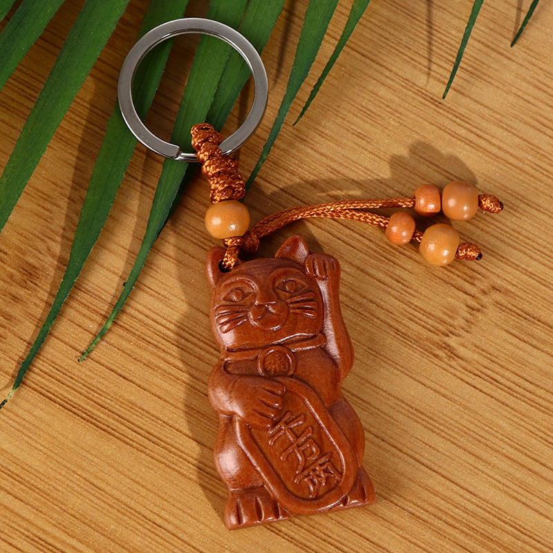 Maneki Neko Lucky Fortune Cat Carving Wooden Pendant Keychain Key Ring Chain * 
