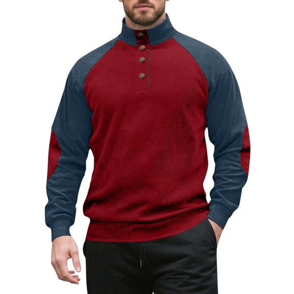 Mens Shirts Mens Corduroy Sweatshirts Long Sleeve Stand Collar Henley Tops Quarter Button Pullover Sweaters with Elbow Patch