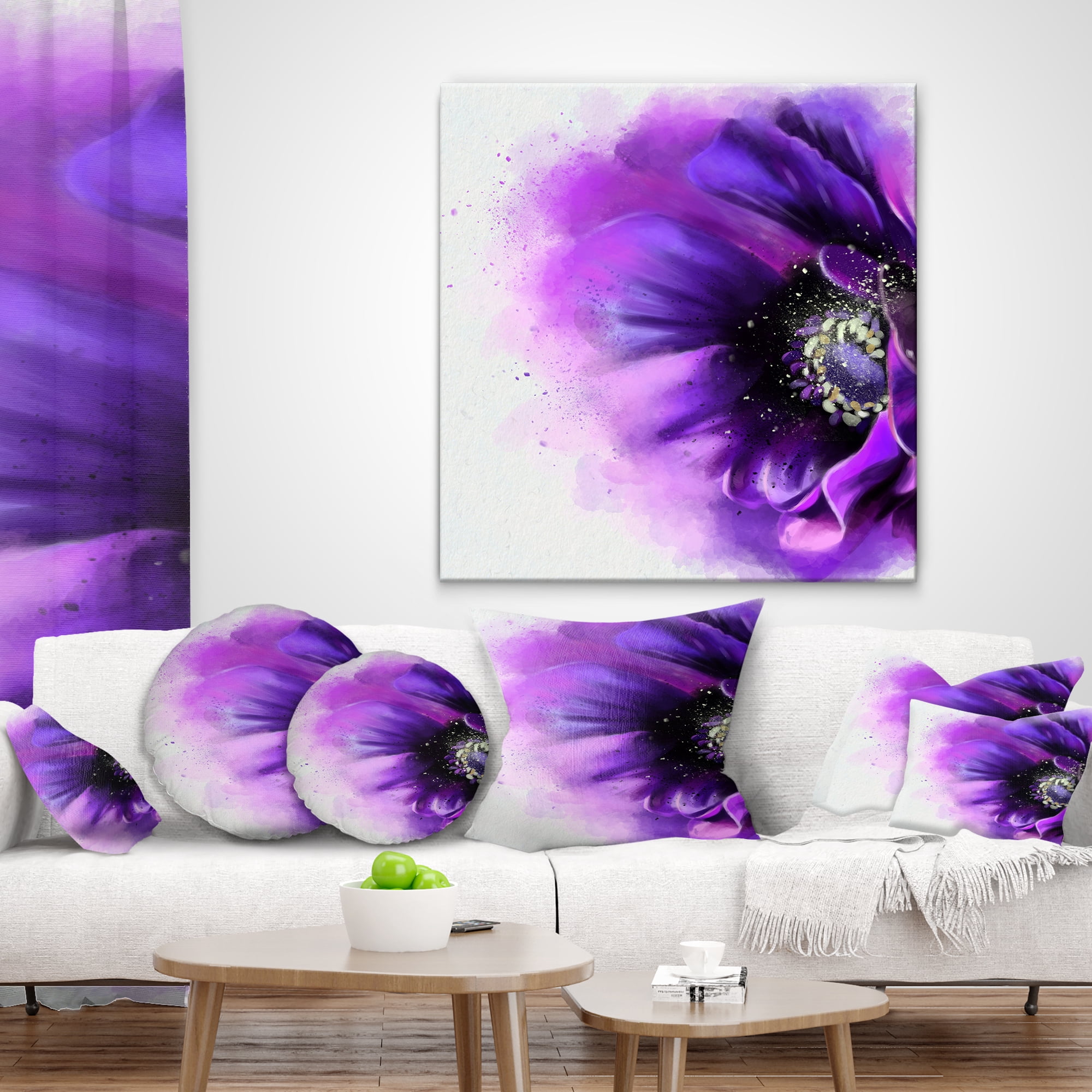 Designart Purple Stylized Watercolor Poppy - Floral Throw Pillow - 18x18