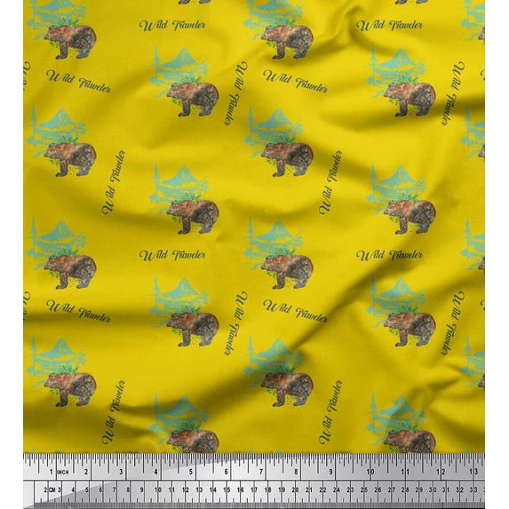 Soimoi Yellow Poly Georgette Fabric Bear & Text Fabric Prints By Yard 42 Inch Wide