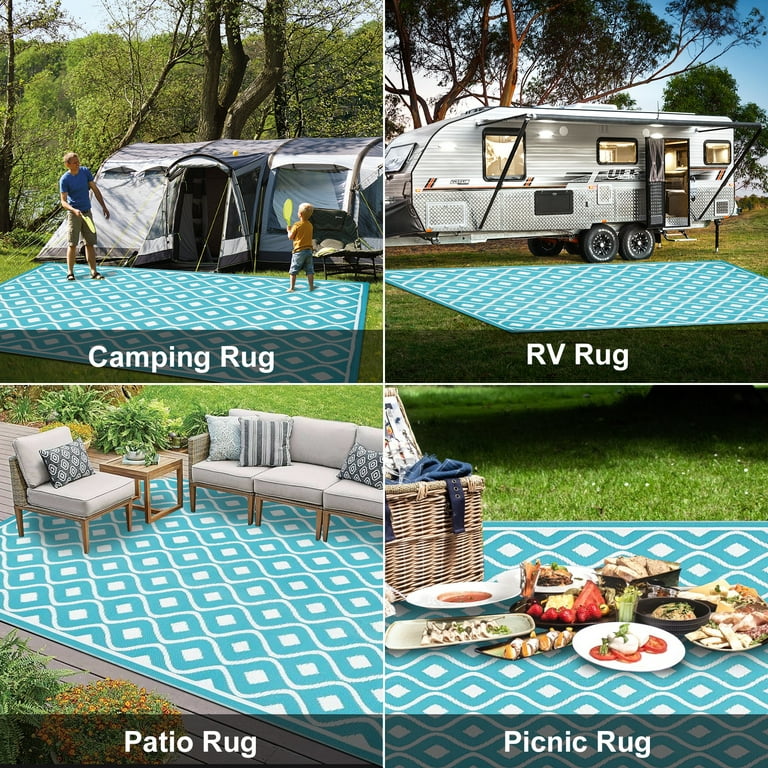 Findosom 9'x12' Blue Large Outdoor Mat RV Outdoor Rug Reversible Plastic  Straw Area Rug Mat Foldable Portable Camping Rugs Waterproof Floor Mat and  Rug for RV, Patio, Backyard, Deck, Picnic, Beach 