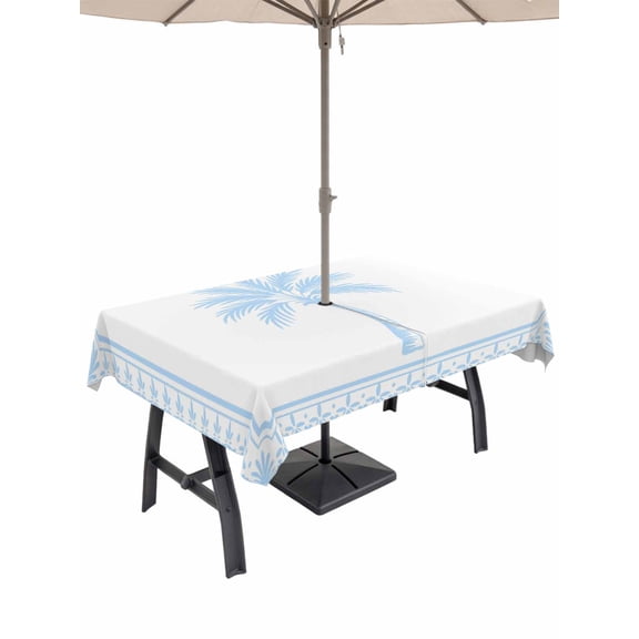 Outdoor Tablecloth with Umbrella Hole for Patio/Picnic/Party/Camping, Sky Blue Palm Tree Waterproof Table Cloth Rectangle Table Cover Washable, Summer Tropical Plants Leaves (60"x 120")