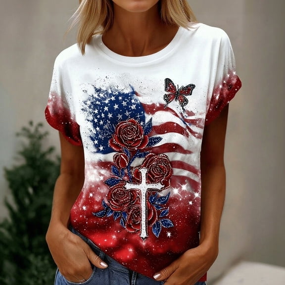Conairie Patriotic Shirts For Womens Crew Neck Short Sleeve Loose 4th of July T Shirt With Graphic Print Basic Blouses Vacation Clothes White L