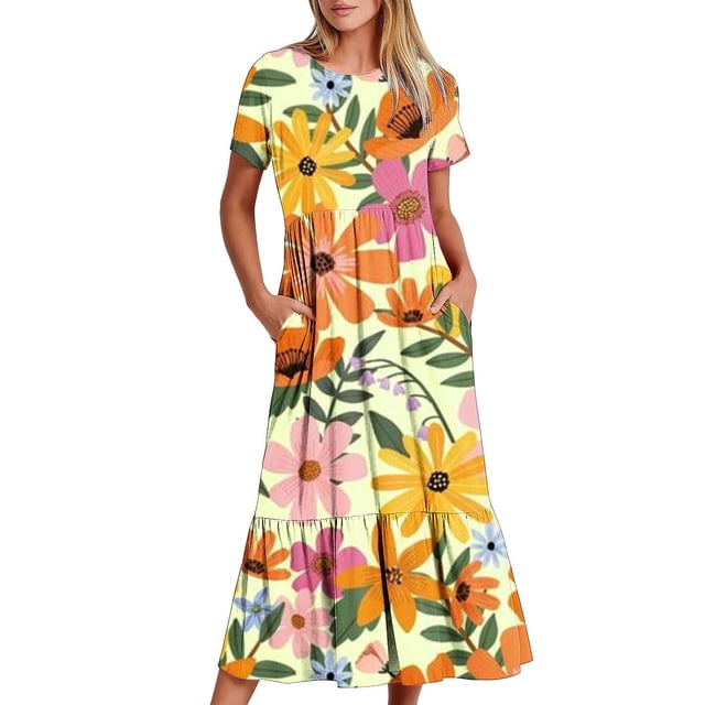 Fankiway Femmes Col Rond Manches Courtes Mi-Veau Double Poche Imprimé Floral Robe à Manches Courtes Robe à Col Rond Plus des Robes de Taille pour les Femmes Courbes Robes de Printemps pour les Femmes