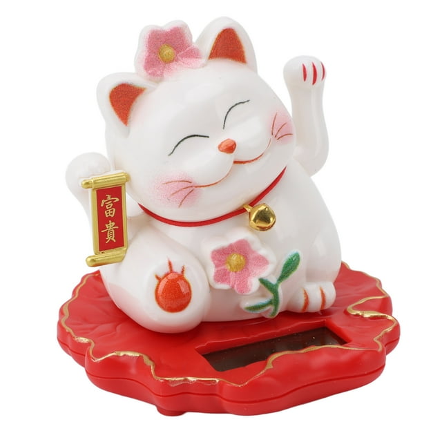 Solar Lucky Cat, Cute Wealth Arm Waving Automaton LED Light Sensor Cat Decor for Desk Home Car Window, for Fortune, Prosperity and Happiness
