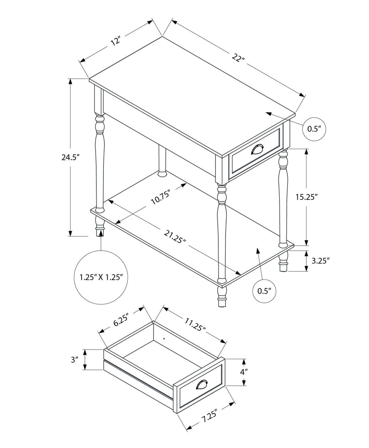 Monarch Specialties  Table D'appoint, 2 Niveaux, Table D'appoint, Bout, Étroit, Table De Nuit, Chambre À Coucher, Lampe, Tiroir De Rangement, Placage Vert, Traditionnel