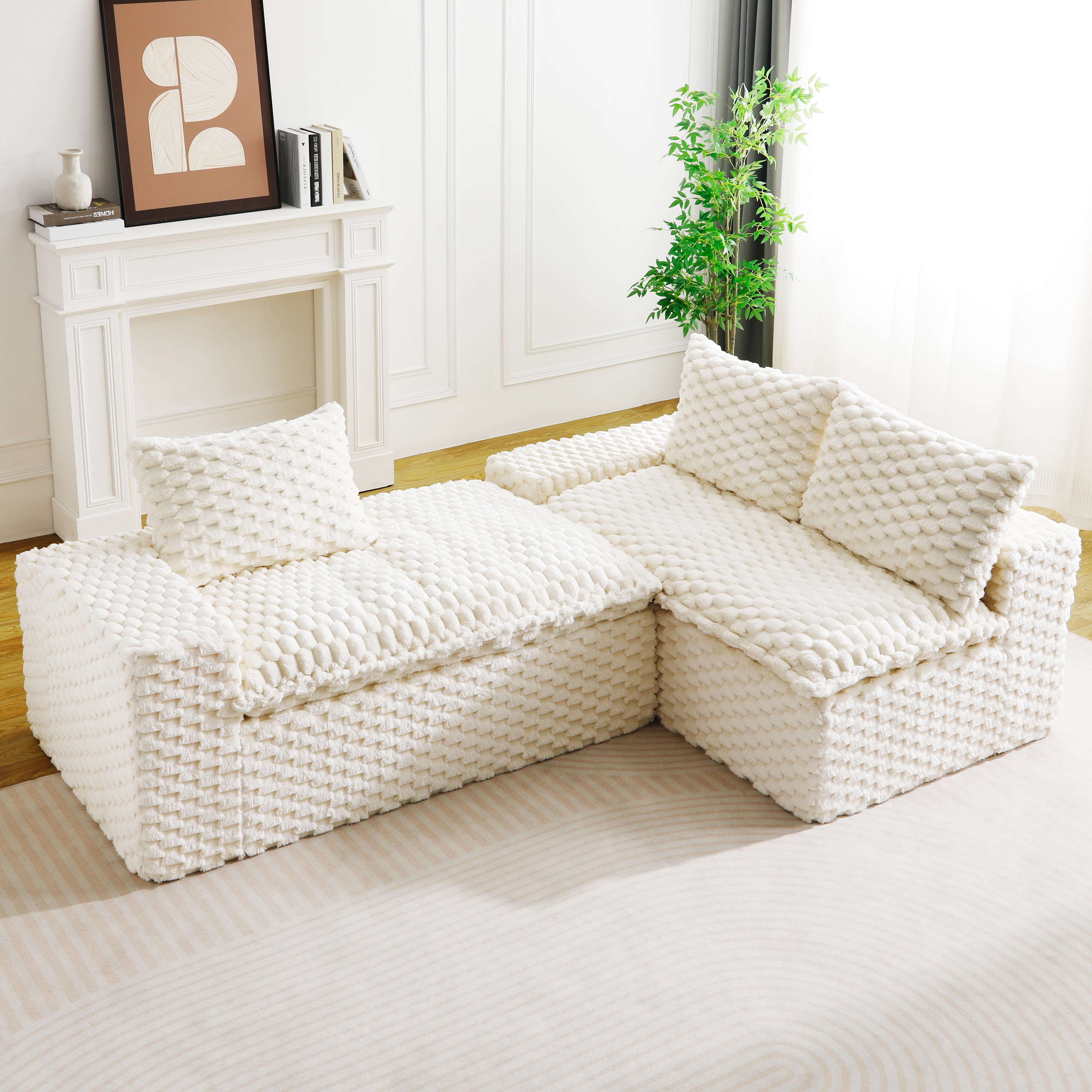 HOQBN 96"W Modular Sectional Sofa,L Shape Modern Corduroy Cloud Couch,Upholstered Deep Seat Boneless Sofa Couch with Right Chaise Lounge for Living Rooms,No Assembly Required,White