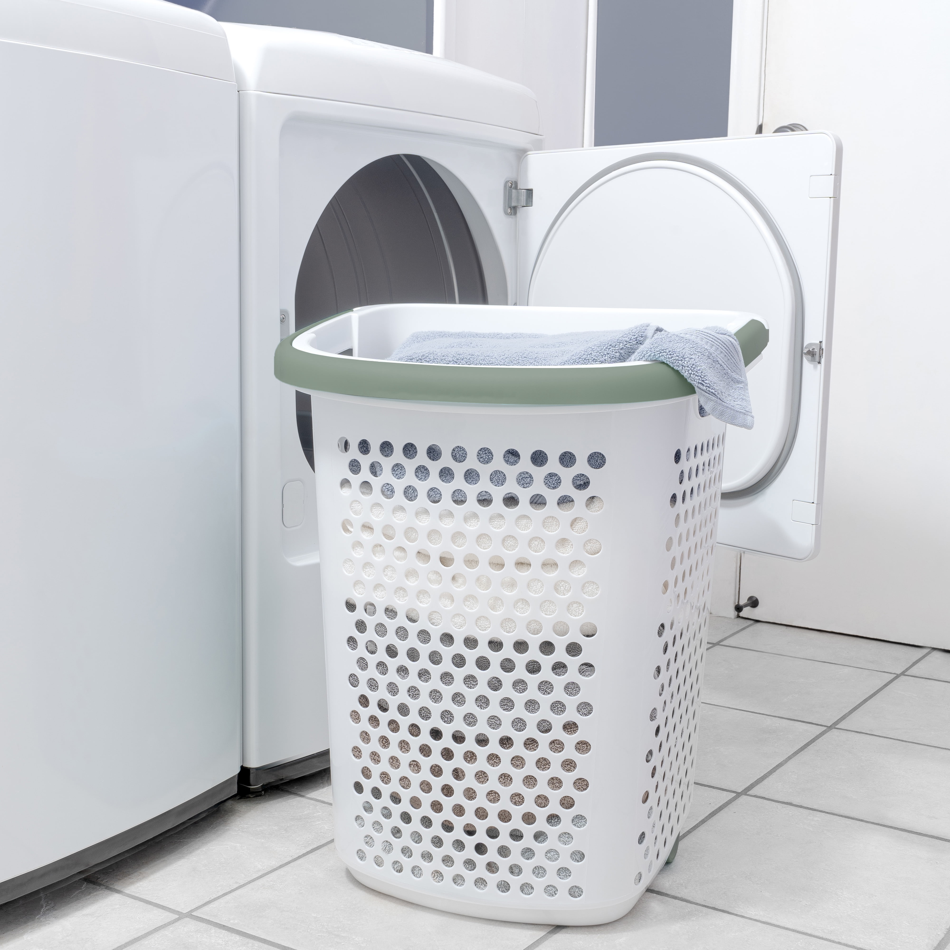 Home Logic 2 Bushel Rolling Plastic Laundry Hamper with Pop-up Handle, White, 2 Pack
