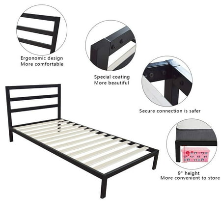 Triple Horizontal Bar UBesGoo Iron Bed Frame with Headboard Square Horizontal Bar Head of Bed Iron Bed Twin Size Black ()