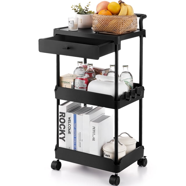 VEVOR Carrito de cocina con ruedas de 3 niveles y cajón, carrito de almacenamiento multifuncional con asa para oficina, sala de estar, cocina, estantes organizadores de almacenamiento móviles