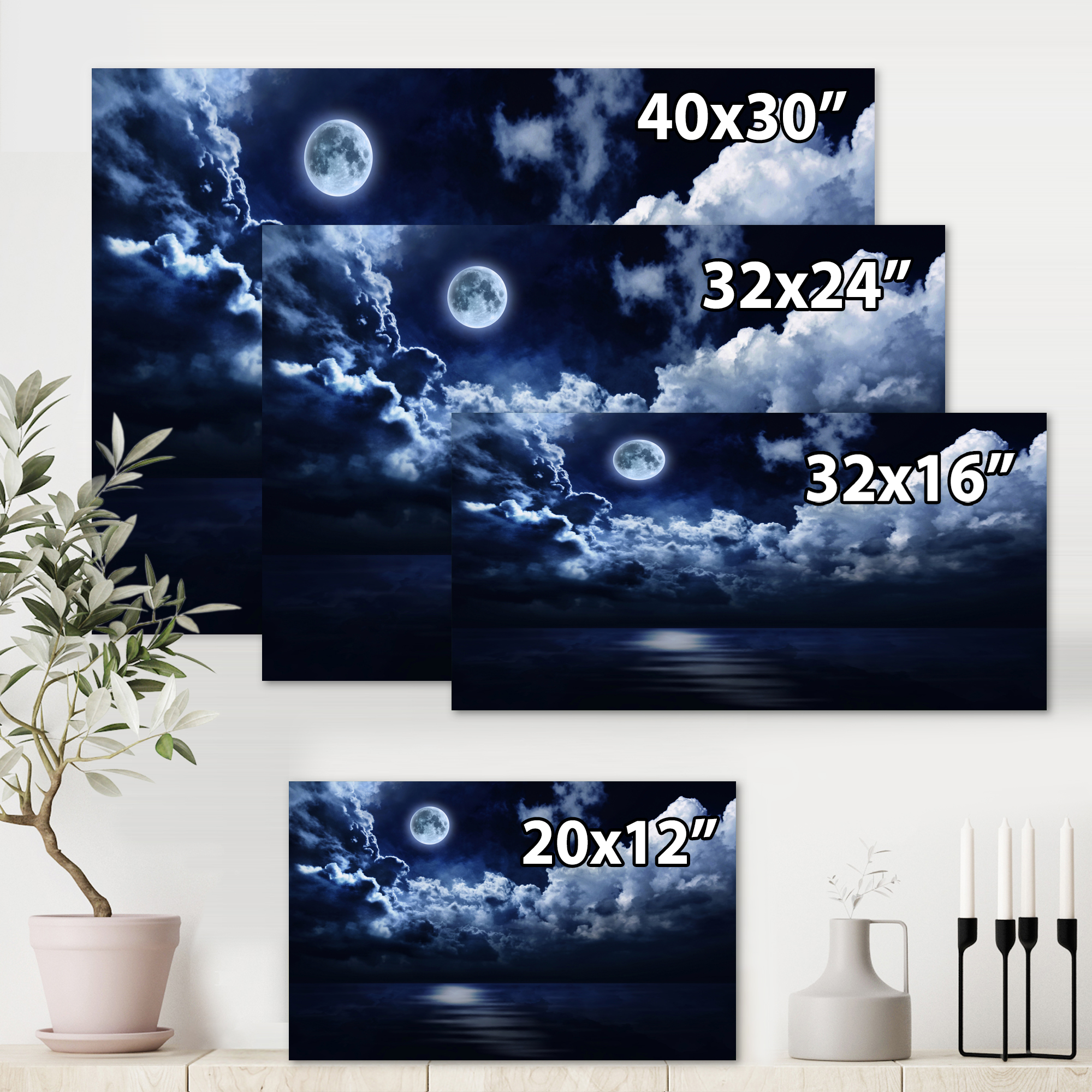 Designart ' Full Moon Night in Cloudy Sky ' Modern Canvas Wall Art Print