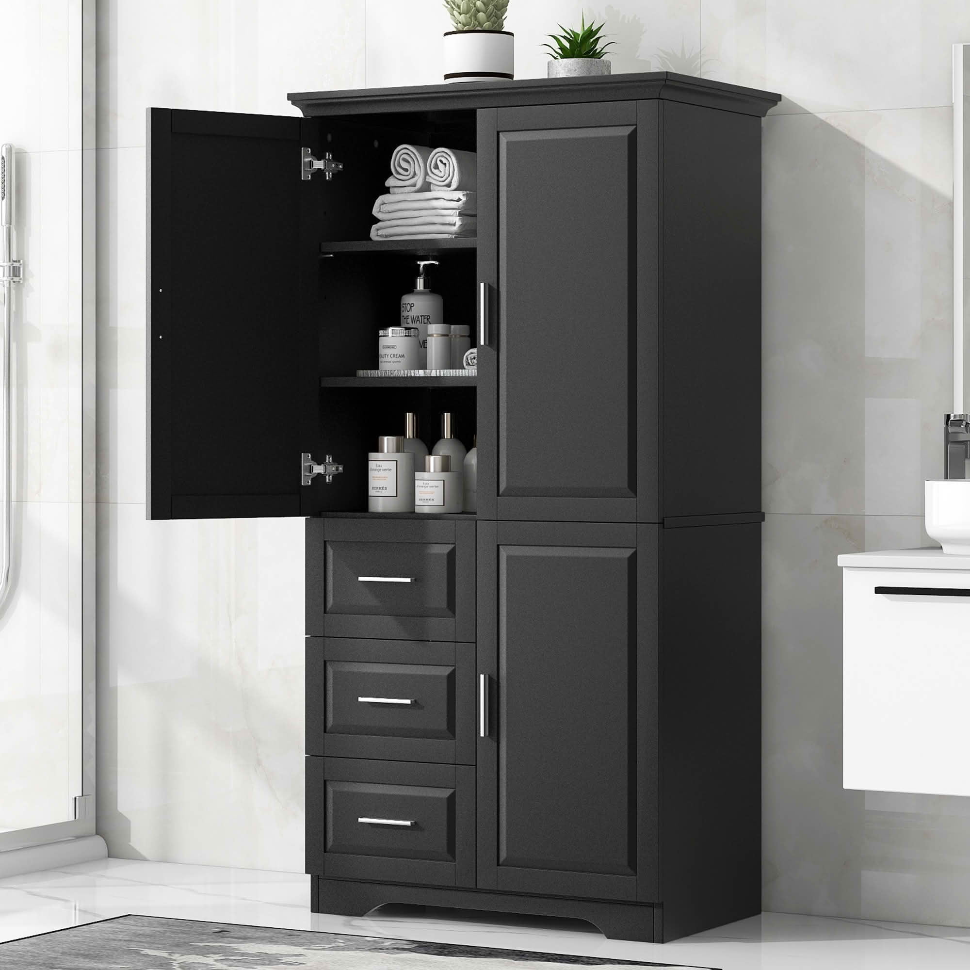 MAYEERTY Tall Wide Storage Cabinet with Doors, 3 Drawers, Bathroom Office Use, Black