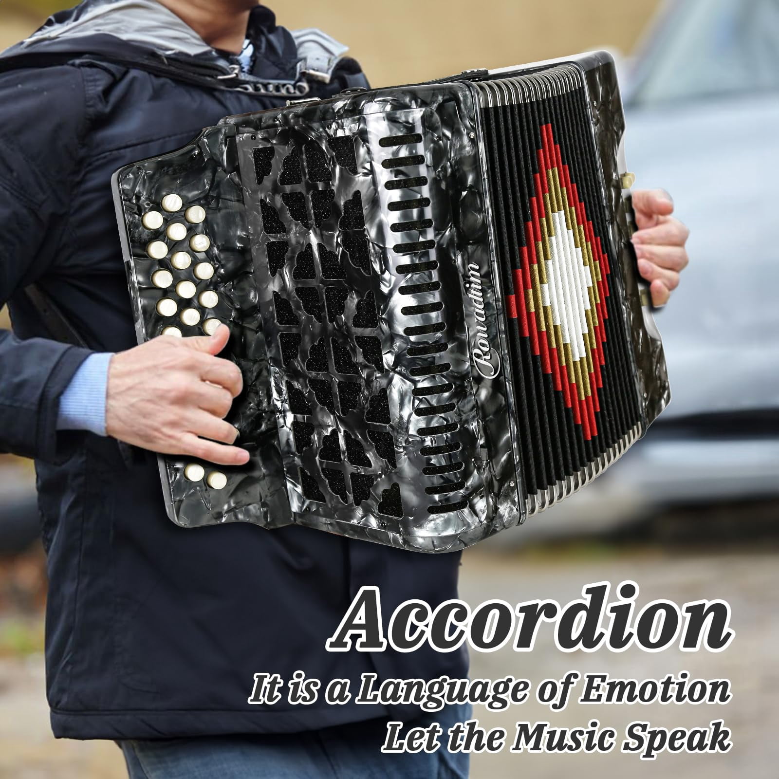 Rowadtim Accordion - 31 Keys, 12 Bass Professional Diatonic, Premium Portable Button Accordion for Adults & Beginners with Thick Protective Case (Gray)