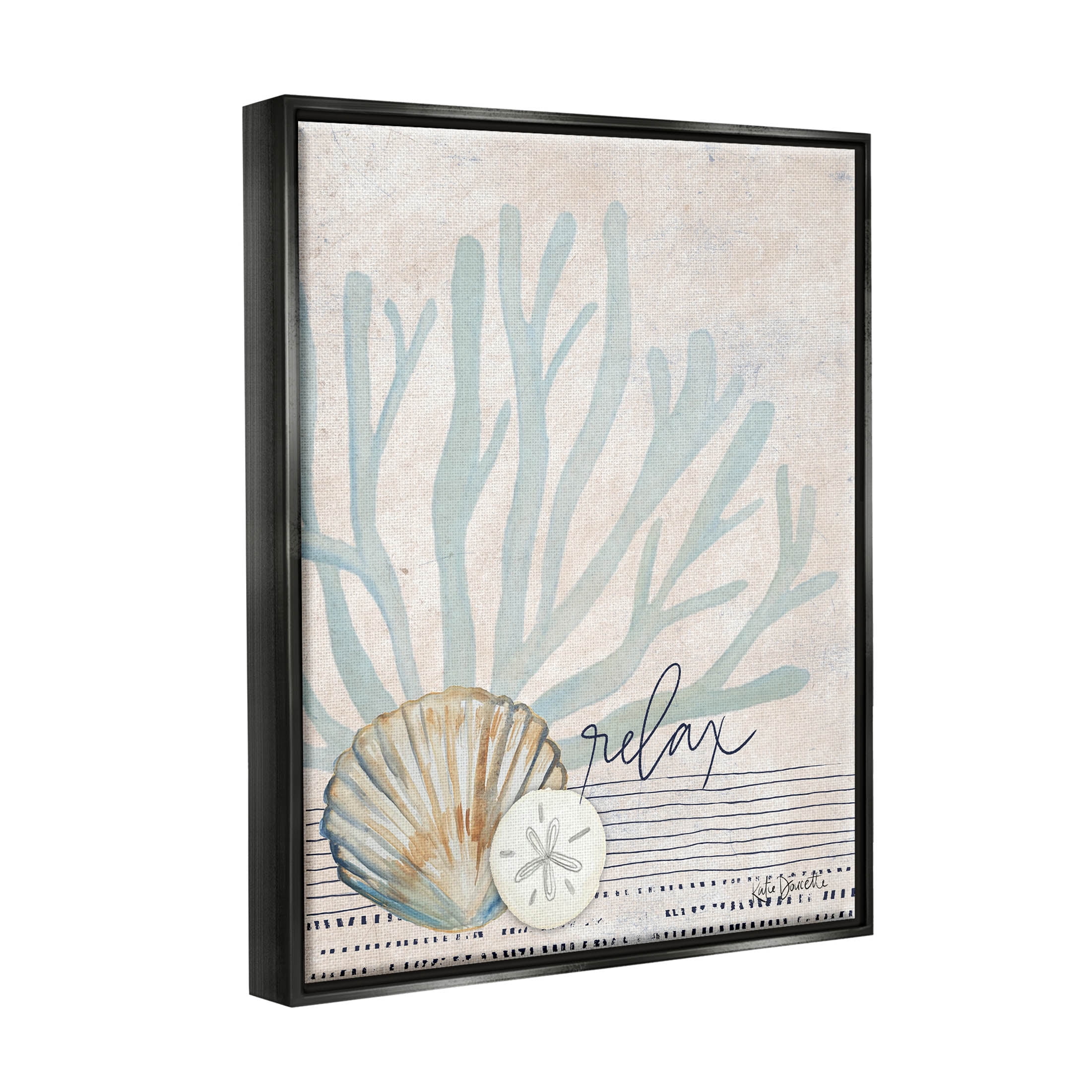 Stupell Industries Striped Sea Life Aquatic Seashells Graphic Art Jet Black Floating Framed Canvas Print Wall Art, Design by Katie Doucette