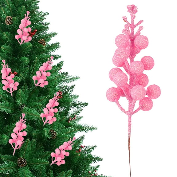 Artificial Berry Stems Christmas Glitter Picks 20Pcs Holiday Floral Stems for Christmas Tree Decorations, DIY Xmas Wreath & Home Décor – 7.8 Inch Pink