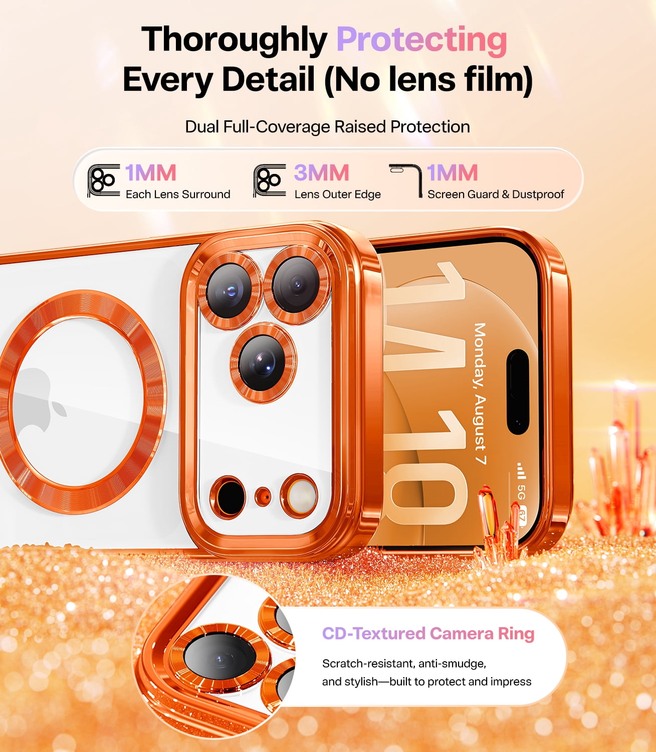 Meifigno for iPhone 17 Pro Max Case 6.9", [Glitter Card & Wrist Strap] [Compatible with MagSafe] [1HD+1X Privacy Screen Protectors] Surround Raised Lens Protection 17 ProMax Case, Cosmic Orange