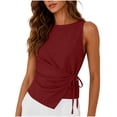 thumbnail image 2 of Karymi Workout Tops for Women Crew Neck Sleeveless Tank Top, Side Tie Wrap Waist Fake Linen Blend Blouse, Solid Irregular Hem Casual Summer Vest Plus Size Tops for Women, 2 of 8