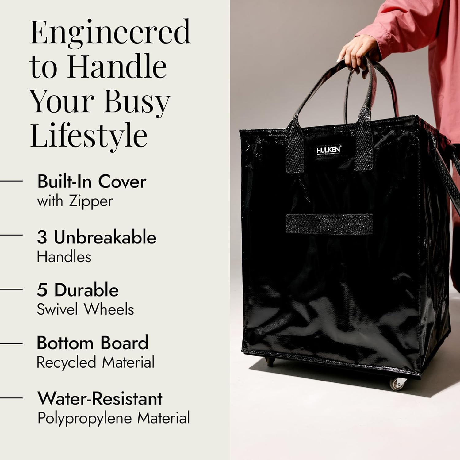 Large, Black Reusable Rolling Tote & Rolling Shopping Bag with