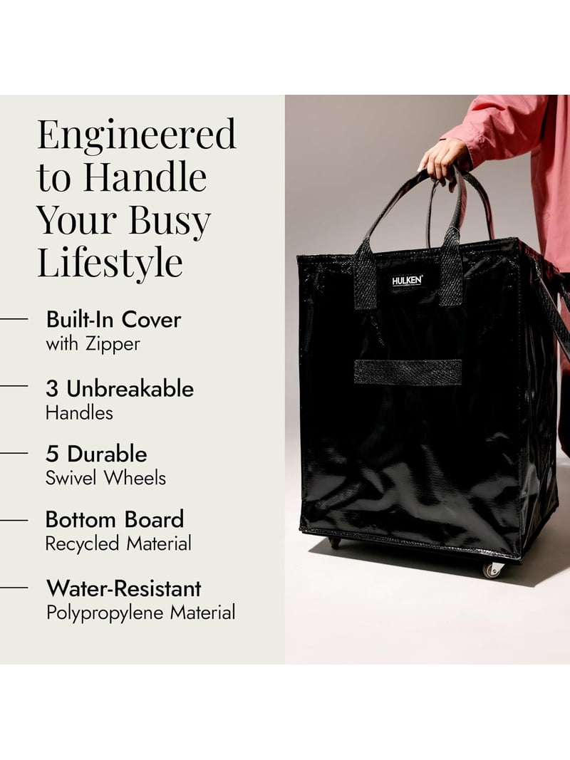 Large, Black Reusable Rolling Tote & Rolling Shopping Bag with