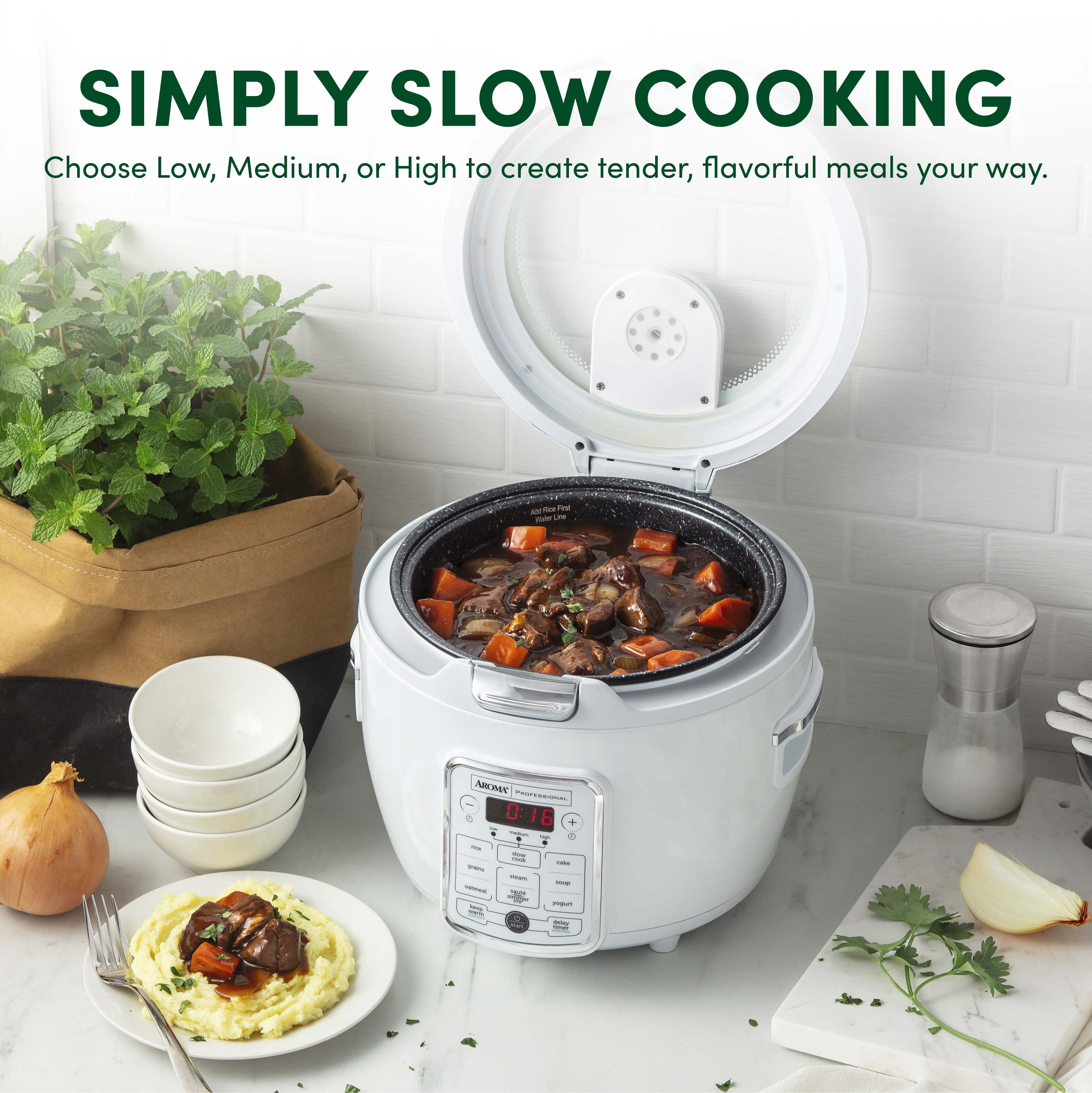 Aroma Professional 20-Cup Digital Rice & Grain Multicooker and Slow Cooker with Glass Top and 2X Bonded Granite Ceramic Non-Stick, White