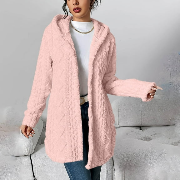 Women's Winter Jacquard Plush Hooded Cardigan - Double Fleece Long Sleeve, Button-Front Solid Color, Loose Warm Coat for Casual Fashion Pink XXL