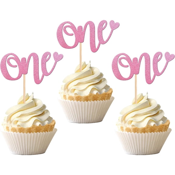 Glitter 'One' First Birthday Cupcake Toppers, Pink, 1st Birthday Party Decorations for Boys and Girls, 10 PCS