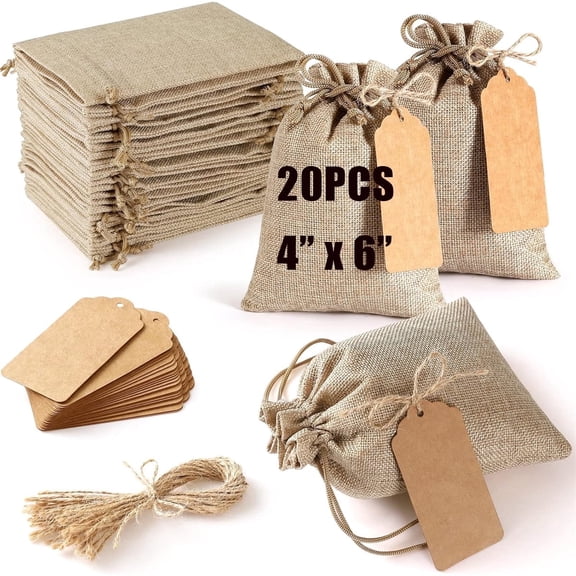 GIXUSIL 20 Pack Burlap Sacks Christmas Bag with Tags and String, 4×6 Organza Wedding Favor Bags, Brown Mesh Pouch with Drawstring for Party Gift Wrapping