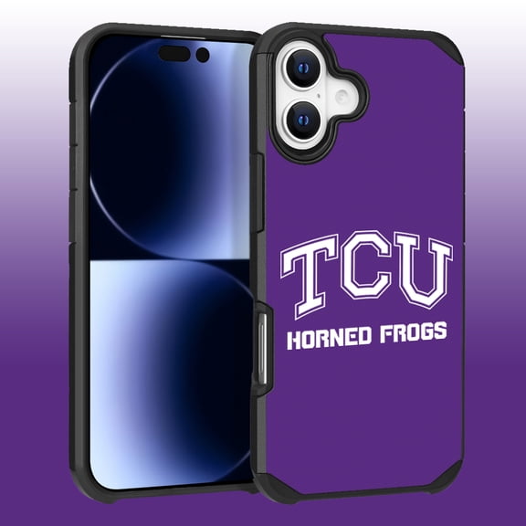 Apple iPhone 16 (6.1) - Licensed NCAA of Texas Christian University Horned Frogs Logo on Purple Textured Dual Layer Case