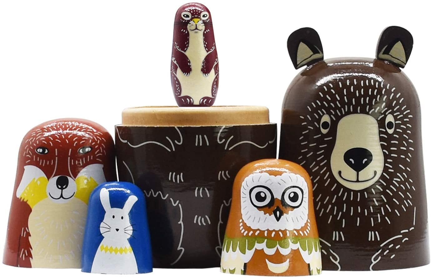 5 Pieces Nesting Dolls Russian Matryoshka Dolls Handmade Wooden Cartoon Animals Pattern Bear Cute Toys Handmade Gifts for Kids 