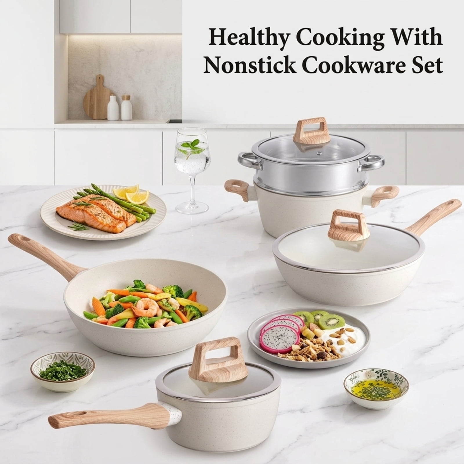 Fenbeli 12-Piece Ceramic Nonstick Cookware Set with Steamer and Utensils, Pots and Pans Set, Induction Compatible, Cream White