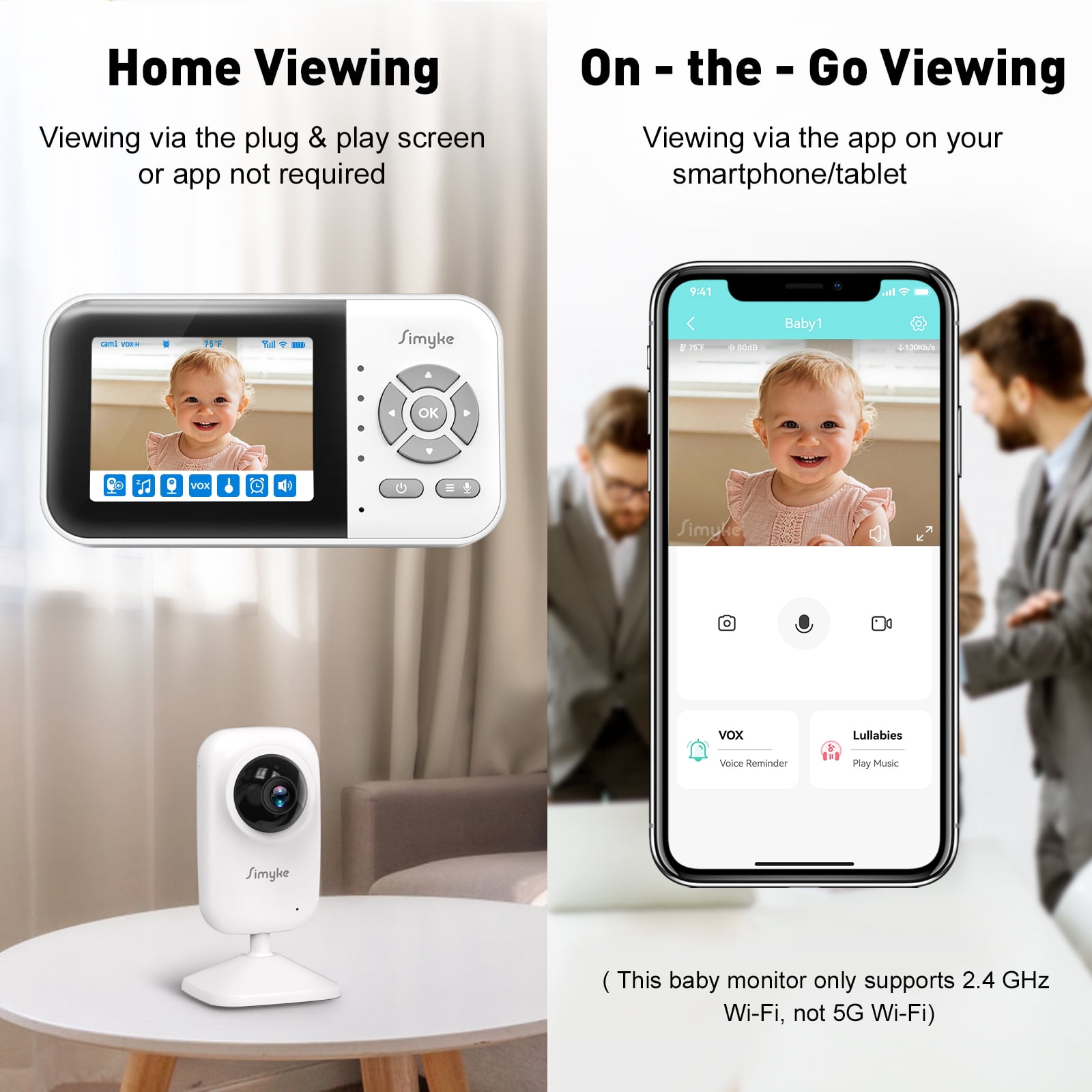 Simyke Dual Camera Video Baby Monitor, 2.8" LCD, Wireless, Night Vision, 2-Way Audio, App Access, 1200ft Range, Feeding Timer, Temperature Sensor, Portable for Home Use