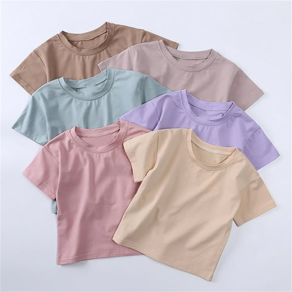 Girls T Shirts Toddler Kids Baby Boys Solid Basic Short Sleeve Crewneck Solid Tee Beige Girls Tops 2-3 Years