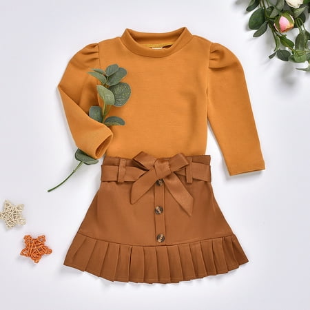 

Binmer Newborn Baby Toddler Girls Suit Pullover Orange Red Puff Sleeve T-Shirt + One-Piece Short Skirt Two-Piece Suit