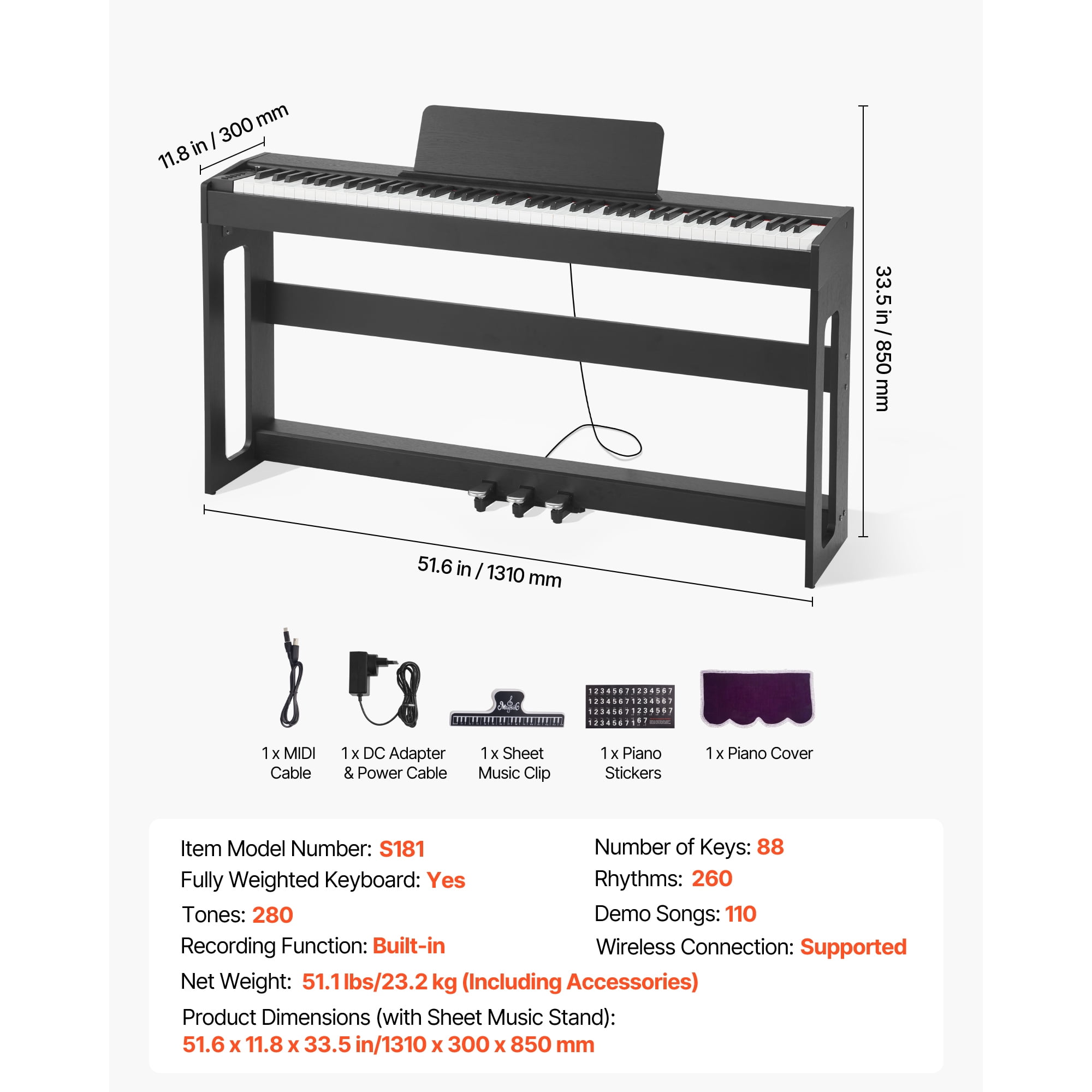 KFFKFF 88-Key Fully Weighted Digital Piano with Stand, Power Adapter, Triple Pedal, Recording Feature, 280 Tones, Wireless Connectivity, Ideal for Beginners, Black