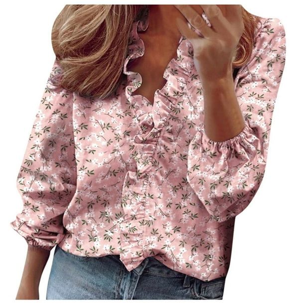 Ploknplq Elbow Length Tee Shirts for Women,Gradient Shirt,Tunic Tee,V-Neck Casual Short Print Sleeve T-Shirt Top Solid Ruffle Blouse,3/4 Sleeve Tunic Tops for Women,Top for Women Pink S
