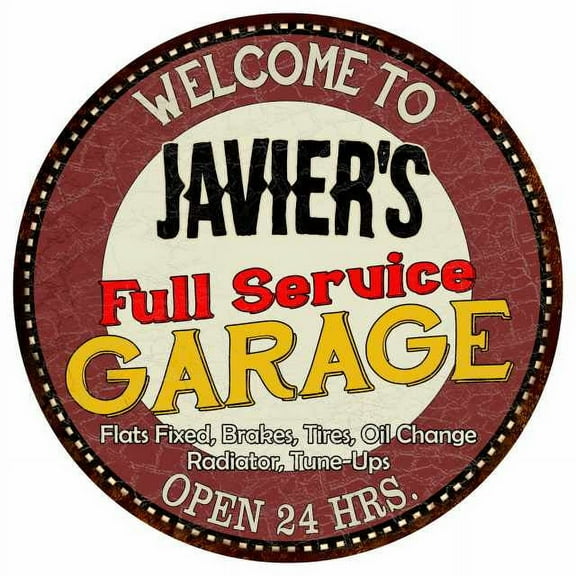 Javier's Full Service Garage 12" Round Metal Sign Man Cave Décor 200120037299