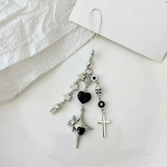 Black Gothic Phone Charm Keychain - 4.53" Halloween Beaded Pendant for Keys, Bags & Backpacks - Punk Style Alloy Accessory for Goth, Emo & Spooky Decor