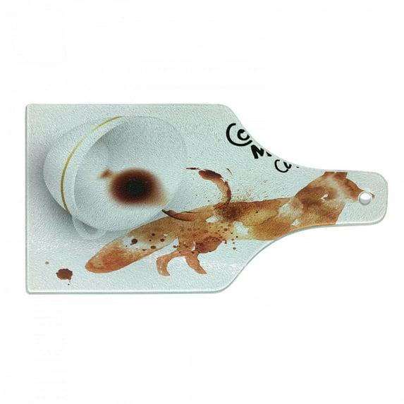 Coffee Art Cutting Board, Cunning Animal and Human Nature Character Theme Coffee Espresso, Tempered Glass Cutting and Serving Board, Wine Bottle Shape, Burnt Sienna Black White, by Ambesonne