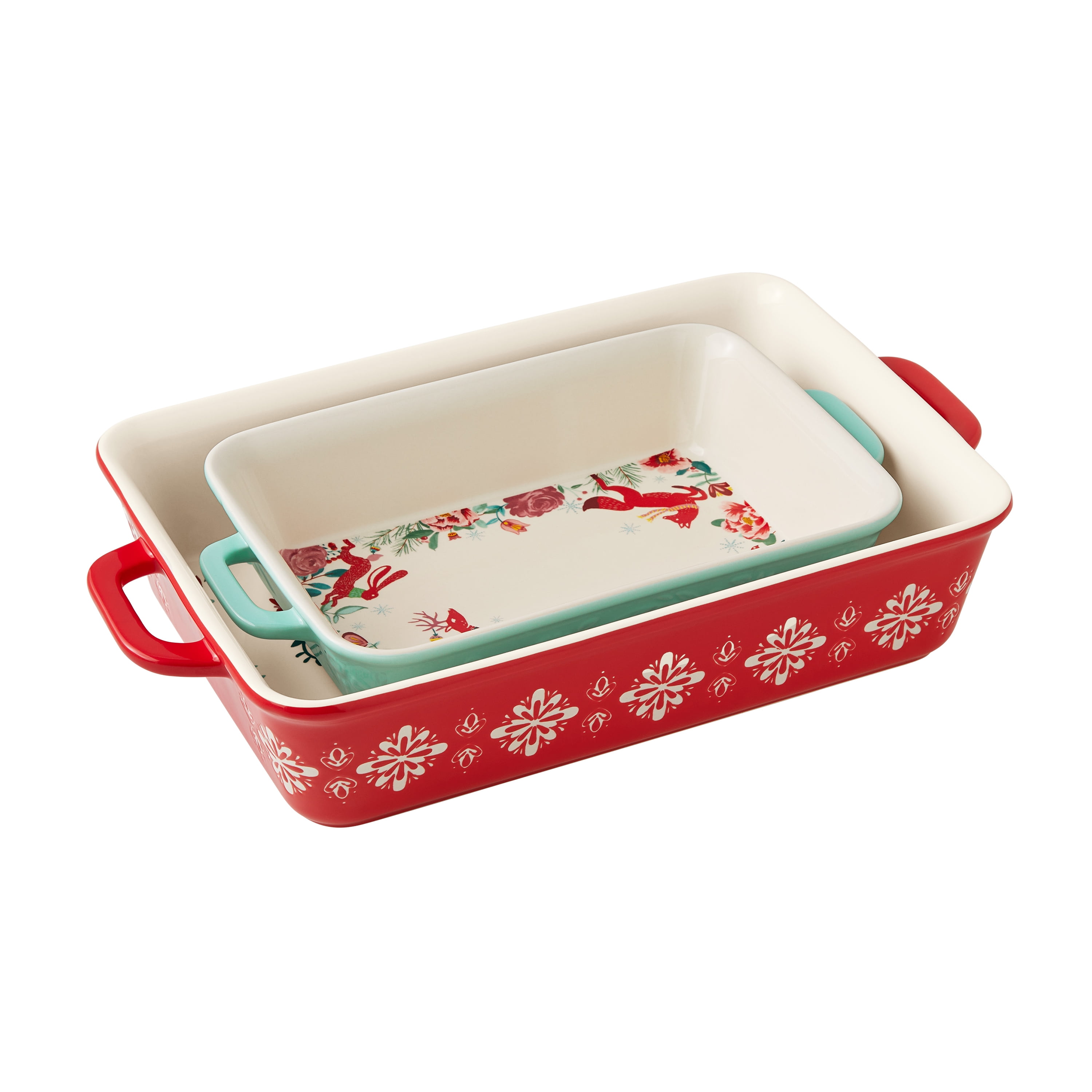 The Pioneer Woman Cheerful Rose 2-Piece Rectangular Ceramic Holiday  Bakeware Set